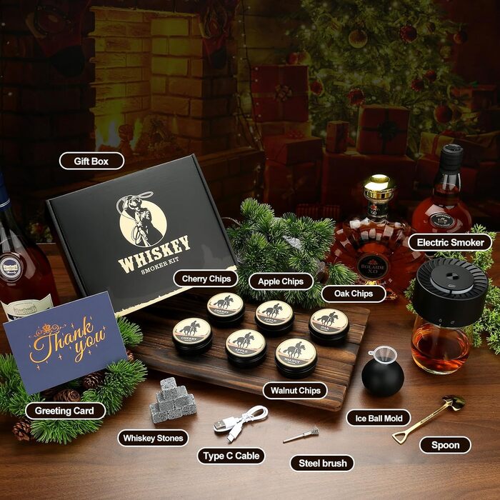 Електричний набір для димлення віскі - Saturn, з 6 дерев'яними чіпсами та каменями, форма кулі, акумулятор, для бурбону, коктейлів, подарунок для чоловіка