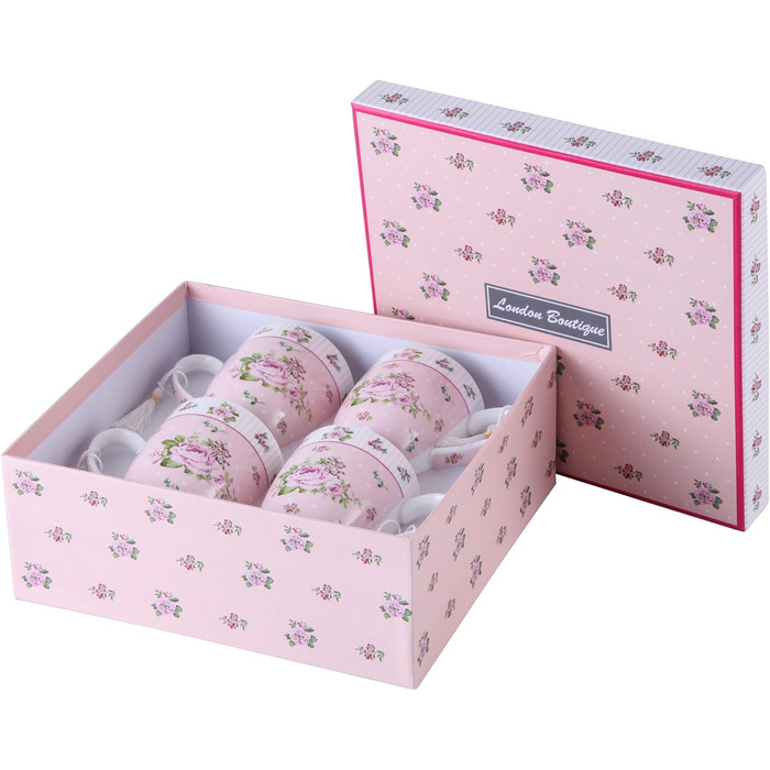 Набір чашок для кави London Boutique K414, рожевий, 330 мл, 4 шт. - кераміка, вінтажний стиль, для подарунка