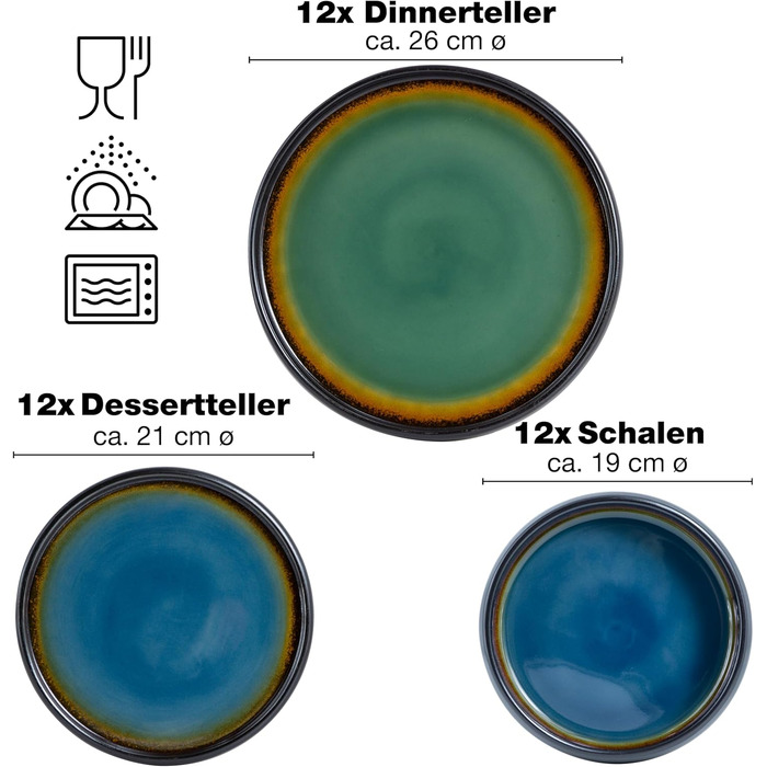 Набір посуду з керамограніту Moritz & Moritz SOLID з 18 предметів на 6 персон (зелений і синій, 36 шт. )