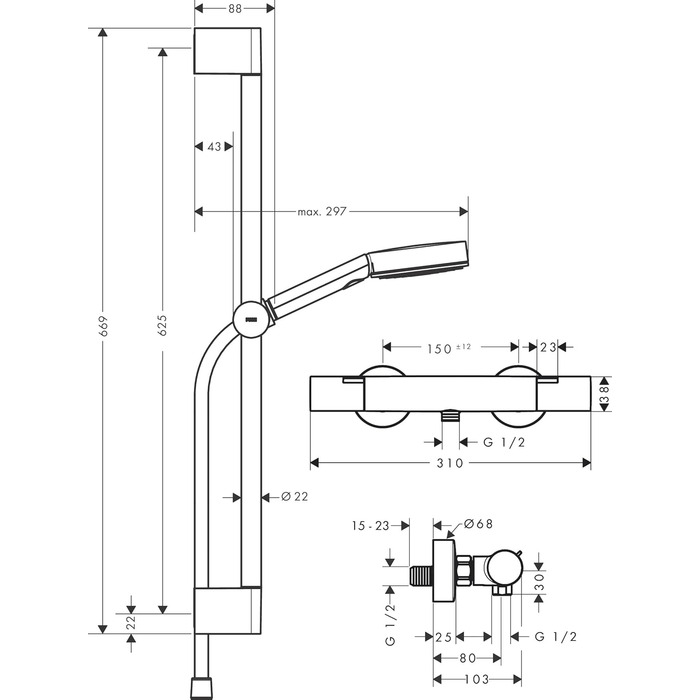 Змішувач Hansgrohe Ecostat Fine - n Aufputz з термостатом (SafetyStop 40°C) для 2 споживачів (чорний мат), комплект з водозберігаючим душем та стійкою 65 см
