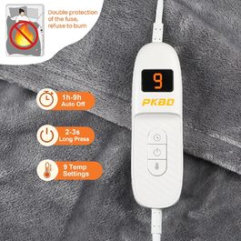 Електрична ковдра з підігрівом 190x130 см, фланель, з автовимкненням, 9 рівнів нагріву, захист від перегріву, пральна, сіра