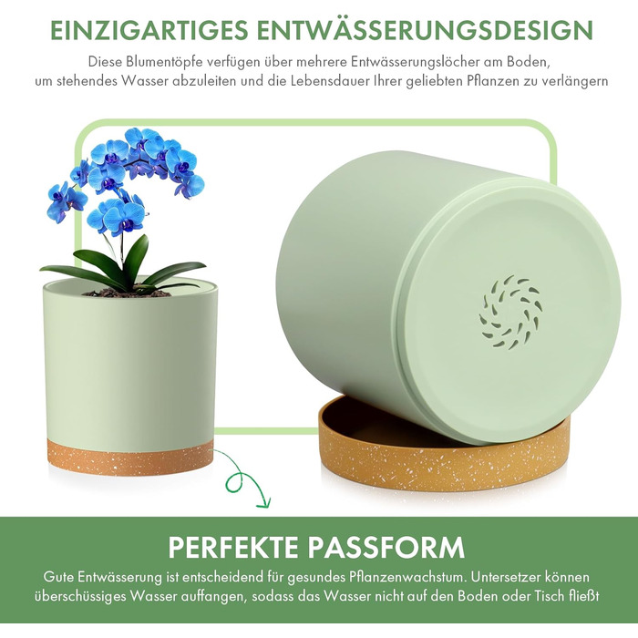 Набір горщиків для квітів 5 шт. з підставками, 17.8/15.2/14/12.7/10.2 см, пластикові, для гідропоніки, внутрішнього та балконного озеленення, зелені з коричневим піддоном