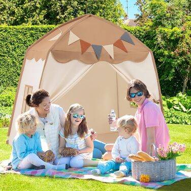 Дитяче намет-будиночок HOMASIS для гри в приміщенні, з 20 зірками, 12 стрічками, килимком, 2 вікнами та шторами, для дівчаток та хлопчиків (колір: коричневий)