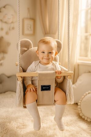 Дитяча гойдалка для дому та вулиці | Bär Light Beige Velvet | Гойдалка для малюків | Дерев'яна гойдалка для дітей | Гойдалка для дверного отвору