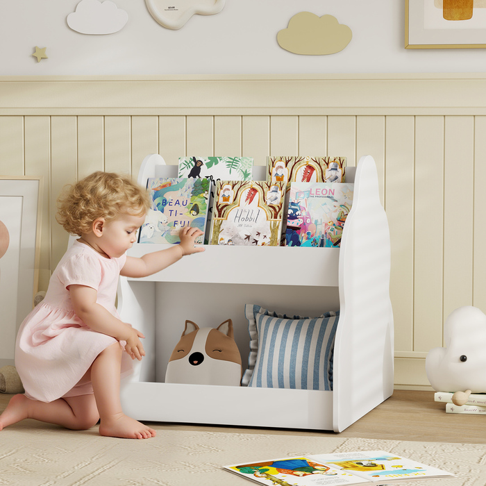 Дитяча полиця AIYAPLAY, 2-ярусна полиця для дитячих книжок на коліщатках, з 4 полицями, для дитячої кімнати, ігрової кімнати, 54x50x56 см, білий
