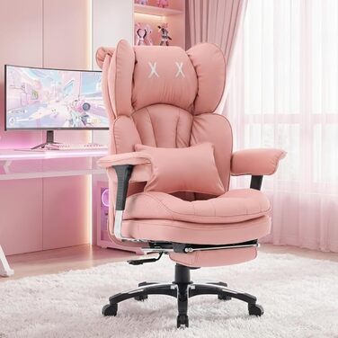 Ергономічне офісне крісло Efomao для дому та геймінгу, шкірзам PU, чорно-рожеве, до 200 кг, з підставкою для ніг та підтримкою попереку