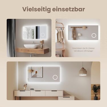 Дзеркало для ванної кімнати EMKE з підсвічуванням 100x60 см, LED, 3x косметичне дзеркало, 6500K, сенсорне, IP44, енергозберігаюче