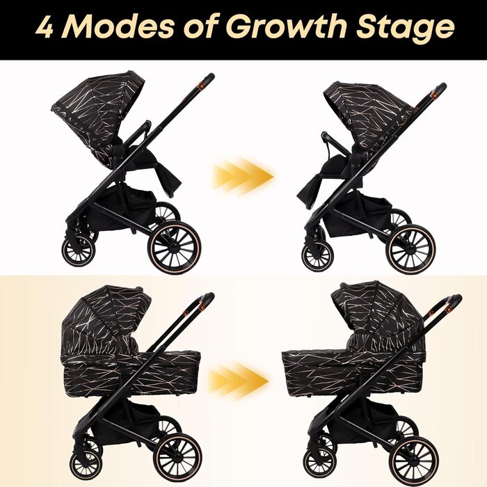 Дитяча коляска 2-в-1 BabyVoyage з люлькою та прогулянковим блоком, поворотні колеса 360°, амортизація, регульована ручка, складана, аксесуари, колір зелений (чорний-золотий)