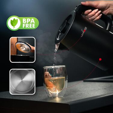 Електричний чайник Lehmann Edelstahl 1.7L, 2200W, чорний: швидкий нагрів, подвійні стінки, захист від перегріву, BPA-free, для дитячого харчування, чаю та кави