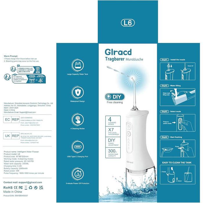 Іригатор для порожнини рота Munddusche, професійний, з технологією мікробульбашок, регулювання тиску води, для чищення зубів та брекетів, білий