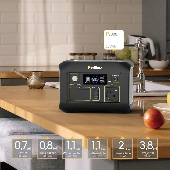 Портативна електростанція 300W (макс. 500W), 288Wh (90000mAh) з чистою синусоїдою 230V, LiFePO4 акумулятор, для кемпінгу, подорожей та надзвичайних ситуацій. P300E