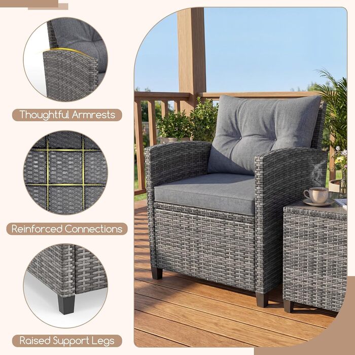Набір садових меблів GIANTEX з ротангу для балкона та саду: 2 крісла та стіл, сірий з сірим (3 предмети) з подушками