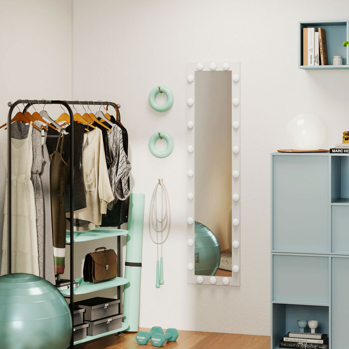 Дзеркало у повний зріст 150x40 см з LED-підсвічуванням та 24 лампочками, 3 кольори світла, підлогове, настінне або похиле. Білий колір.