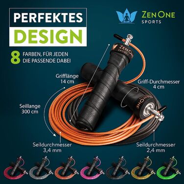 Скакалка ZenRope, швидкісна скакалка з шарикопідшипником, професійна скакалка для дорослих, регульована по довжині, з урахуванням ваги і ваги. Додатковий сталевий трос, електронна книга, керівництво по посадці і сумка, довжина мотузки 3 м (Помаранчевий)