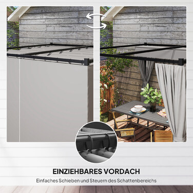Пергола 3x3 м, вільна стоянка, навіс для тераси зі зсувним дахом, 4 бокові панелі, стійка до УФ-випромінювання, світло-сіра