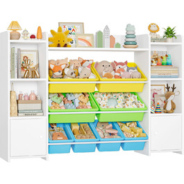 FOREHILL Дитяча полиця з 8 ящиками, дитячий шафа, книжкова полиця для дітей, органайзер для іграшок, меблі для дитячої кімнати, 138,8 x 94,3 x 29,6 см, білий (білий з зеленим)