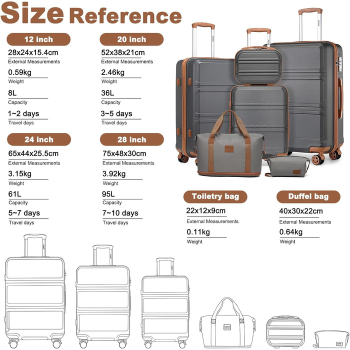 Набір валіз KONO 6 частин: велика валіза, середній, маленький, beauty case, сумка для ручної поклажі, косметичка (сірий/коричневий)