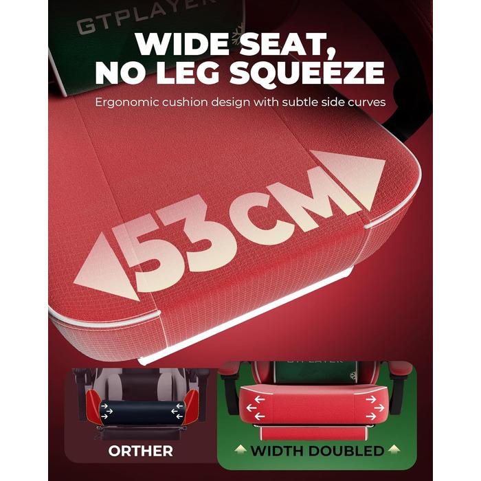 Ігровий крісло GTPLAYER з різдвяним мотивом, з підніжкою, широке сидіння, з подушкою для спини та синхронізованими підлокітниками для великих людей, велюр, червоний, на Різдво