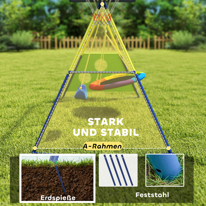 Комплект гойдалок 4-в-1 для дітей до 150 кг з сітчастою гойдалкою, баскетбольним кільцем, футбольними воротами та гойдалкою-качелюшкою. Розміри: 288 x 160 x 220 см.