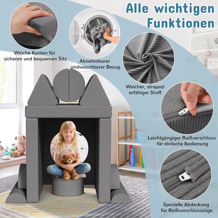 Модульна дитяча кушетка-конструктор MAMIZO Spielsofa Cord, 15 елементів, сірий колір. Кушетка для ігор та відпочинку, екологічна тканина Oeko-Tex, для дитячої кімнати.