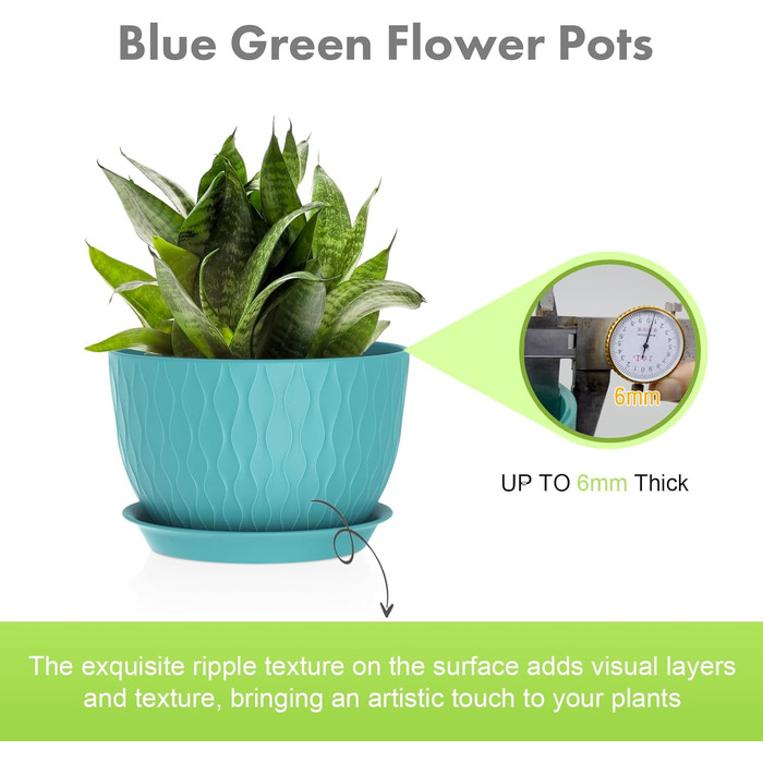 Великі горщики для квітів 3 шт. (12+10+9 дюймів), 30.5x25.4x25.4x22.9 см, для дому та саду, з водозливними отворами, блакитно-зелені, з ефектом хвилі, міцний пластик