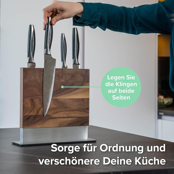 Магнітний брусок для ножів Coninx двосторонній | Тримач для ножів без ножів | Тримач для кухонних ножів з потужним магнітом | Підставка для ножів Coninx з антиковзким покриттям, горіховий колір