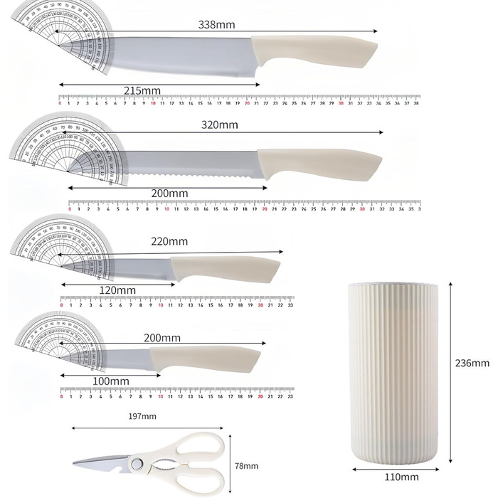 Набір кухонних ножів 7 шт. з бруском, Messerblock, з нержавіючої сталі, для кухні, нарізки м'яса та овочів (Бежевий)