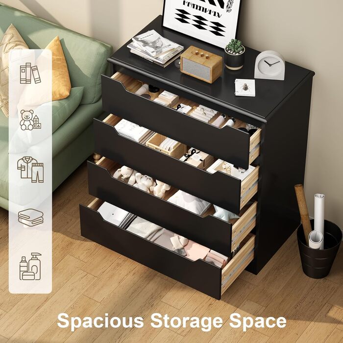Комод Bealife для спальні: 4 місткі шухляди, витягнуті ручки, захист від перекидання, для вітальні/офісу (чорний)