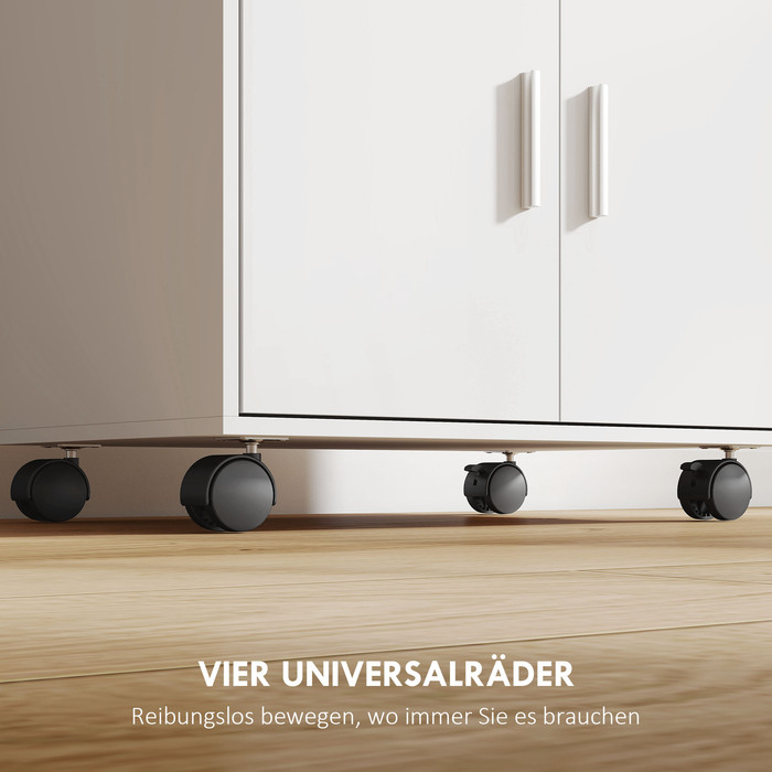 Мікрохвильова шафа-стелаж з двома дверцятами та висувними ящиками на колесах, білий