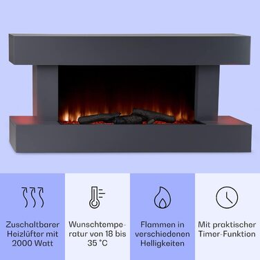 Електрокамін Klarstein Light & Fire 2 Smart, 2000 Вт, LED-імітація полум'я, настінний, з пультом і таймером, економний, корпус з МДФ, білий/чорний