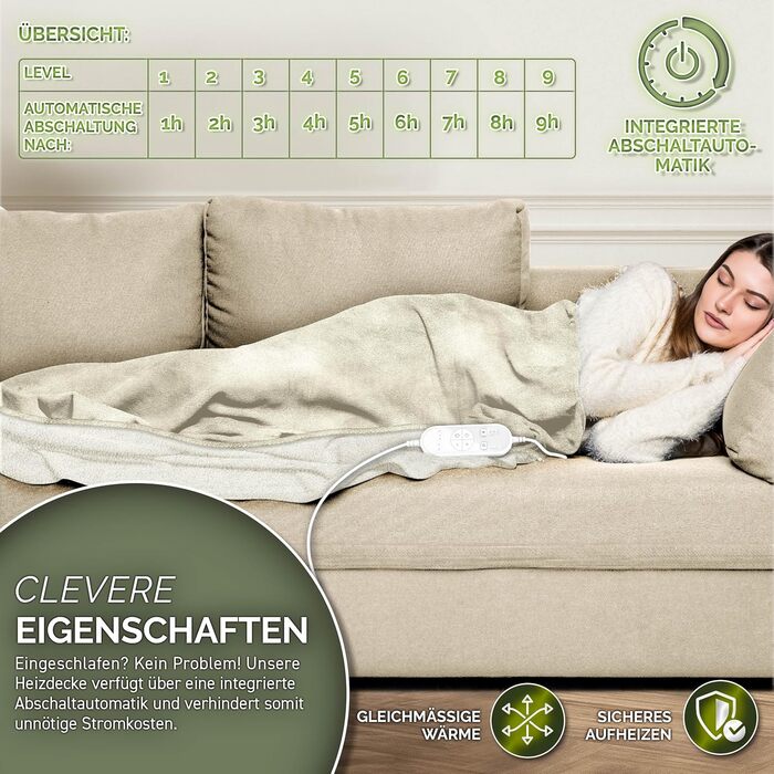 Електрична гріюча ковдра 200x180 см з таймером та 9 рівнями нагріву | Ковдра електрична для ліжка та дивану | Бежева