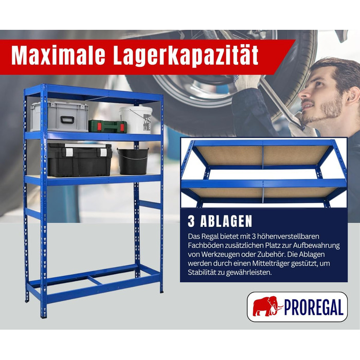 Стеляж для шин PROREGAL Tiger XL, 200x180x45 см, 300 кг на полицю, до 205/55 R16, для автосервісу, складу, підвалу (6 шин + 6 полиць, блакитний)