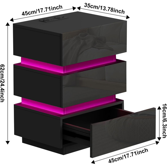 Тумбочка Lvhecforhm чорна з USB, LED, 3 ящики, високий глянець для спальні