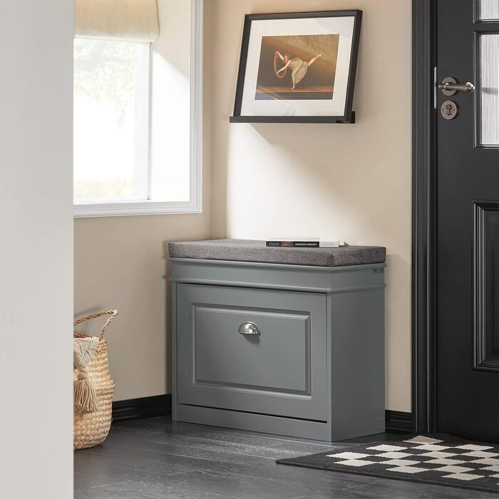 Полка для взуття SoBuy з подушкою для сидіння та місцем для зберігання, вузька, до 150 кг, сірий, 60x51x24 см