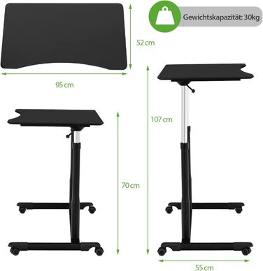 Комп'ютерний стіл COSTWAY регулюється по висоті від 70-107 см, стіл мобільний з коліщатками, стіл для ноутбука на колесах з 2 гальмами, стіл для ноутбука (чорний)