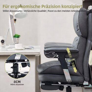 Офісне крісло Efomao X-Stickerei для дому та офісу, шкіряне (PU) для великих та високих, з регульованою спинкою, підставкою для ніг та підтримкою попереку, чорне, до 200 кг