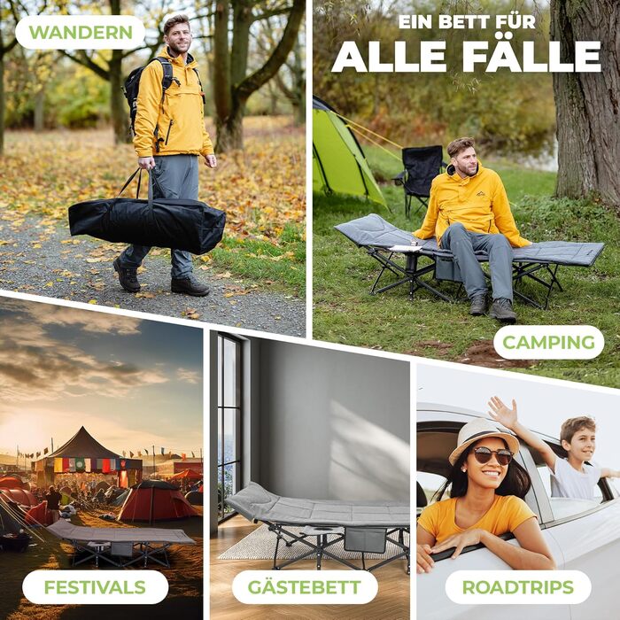 Розкладне кемпінгове ліжко NORDICTRAILS XXL з м'яким матрацом, сіре (190 x 70 см) — зручне похідне ліжко для відпочинку, риболовлі та гостей