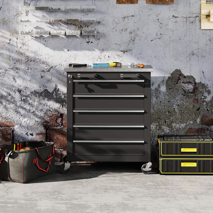 Шафа для інструментів з 5 висувними ящиками, колісна інструментарна скринька, інструментальний візок зі сталі, сріблясто-чорний