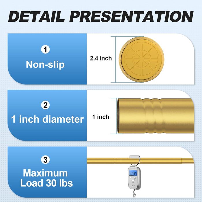 Тeleskopна штанга для душу, 78,9-203,2 см, діаметр 2,5 см, регульована, золотиста пружинна натяжна система, нержавіюча сталь, легка установка, не іржавіє, 31-80 Gold