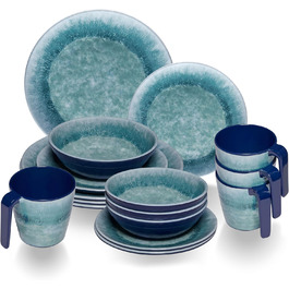 Набір посуду Melamin Adria Blue на 4 особи: 16 частин, керамічний вигляд, для кемпінгу, відпочинку, пікніків