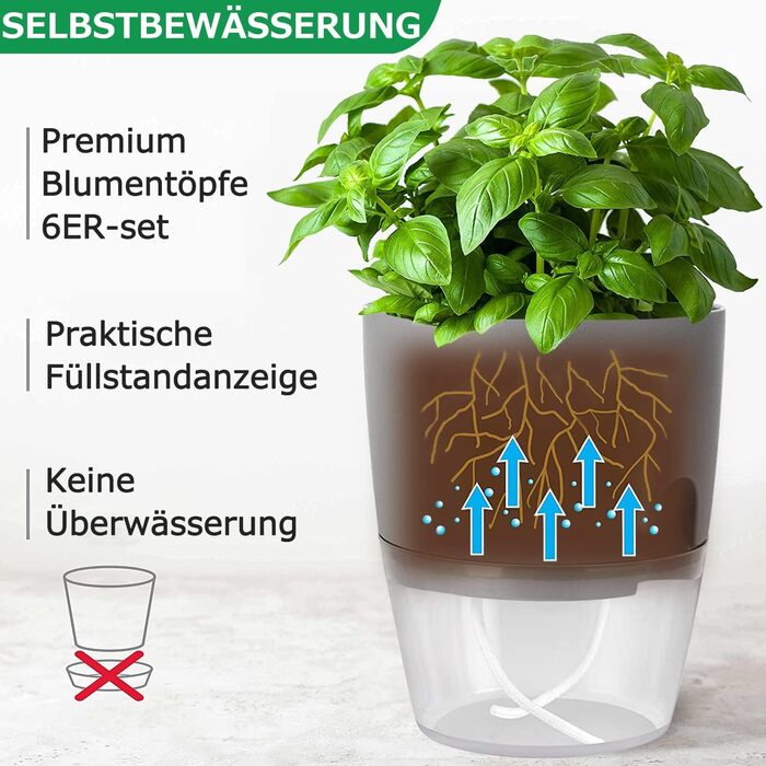 Набір горщиків для трав на кухню, самополив, 3 шт. – сад для кухні, 18.2x11x15.3 см, для свіжих кухонних трав (сірий, 6 шт.)