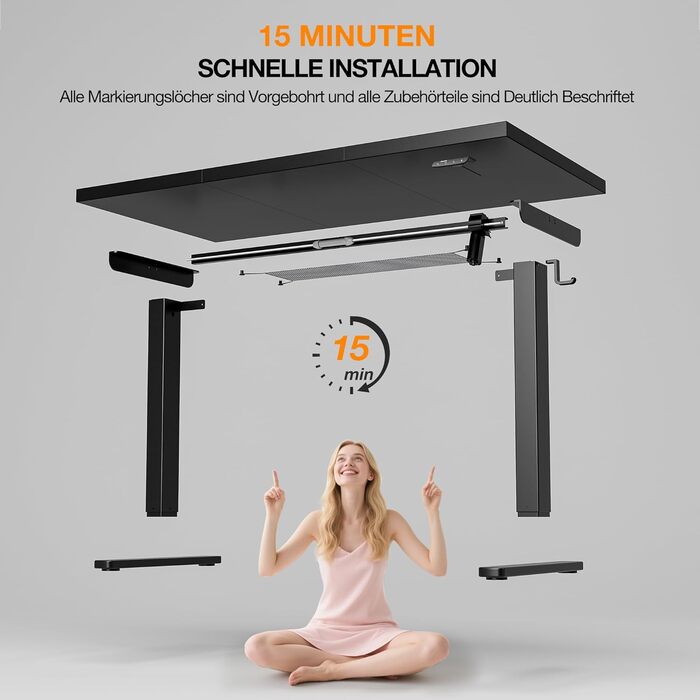 Електричний стіл з регулюванням висоти 120x60 см з функцією пам'яті, для офісу та дому. Комп'ютерний стіл, система кабельного менеджменту, гачки, білий колір. (Чорний, 140см)