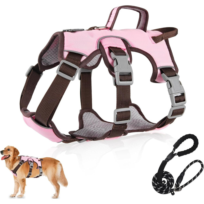 Багатофункціональна шлейка для собак з повідцем, шлейка для собак, що не тягнеться, шлейка безпеки для собак, шлейка для собак, що не тягнеться (Roa, L, рожевий)