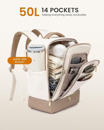 LOVEVOOK Рюкзак для ручної поклажі з окремим відділенням для взуття, 40L рюкзак для жінок, великий, з відділенням для мокрого та сухого, Travel Backpack, Carry On Luggage для подорожей (Бежевий, Хакі, 50L)