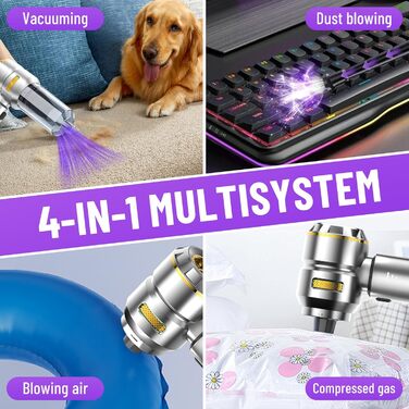 Акумуляторний ручний пилосос 4 в 1 для авто та дому, бездротовий міні-пилосос 22000Па з безщіточковим двигуном, 6000 mAh, електричний обдуватель для прибирання шерсті та пилу (Сріблясто-золотий)