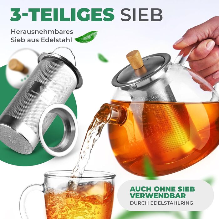 Сусідська склянка для розсипного чаю та чайних пакетиків - Чайник зі вставним ситечком, великий без крапель - Ситечко з нержавіючої сталі з 3 штук з бамбуковою ручкою з кришкою - Скляний чайник, який можна мити в посудомийній машині (чайник 1,5 л c