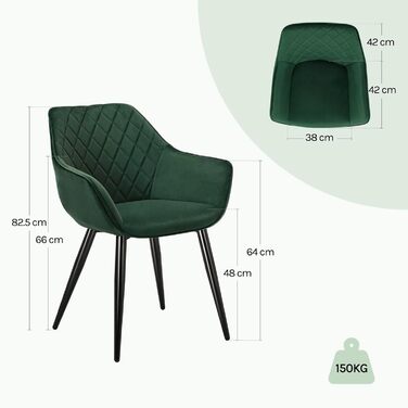 Набір з 2 стільців Woltu Esszimmerstühle: м'які крісла з підлокітниками для кухні, вітальні, обідньої кімнати, зелений велюр, металеві ніжки