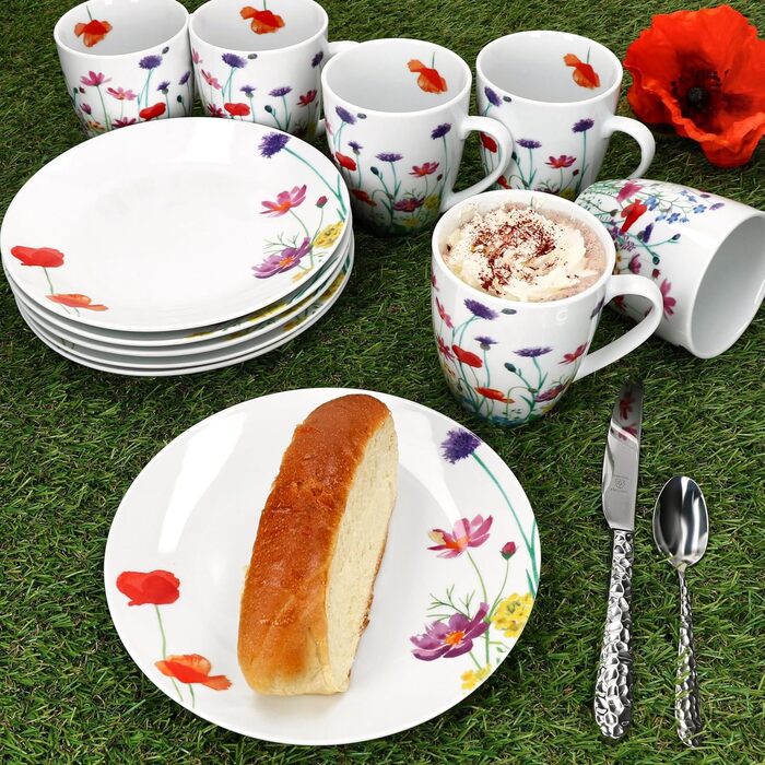 Набір посуду MamboCat Marie (12 предметів) для 6 осіб | Фарфоровий посуд з квітковим декором | 6 тарілок та 6 чашок 320 мл | Для сніданку та кави