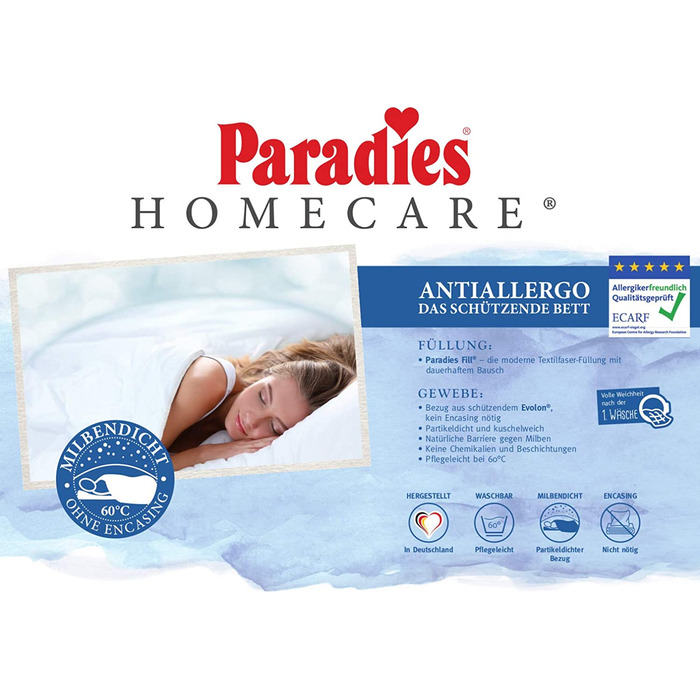 Подушка PARADISE 80x80 см Softy Antiallergo - Oeko-Tex Certified Standard 100 Class 1, медично протестована, подушка для сну з алергією на пилових кліщів (всесезонна ковдра, 135x200 см)