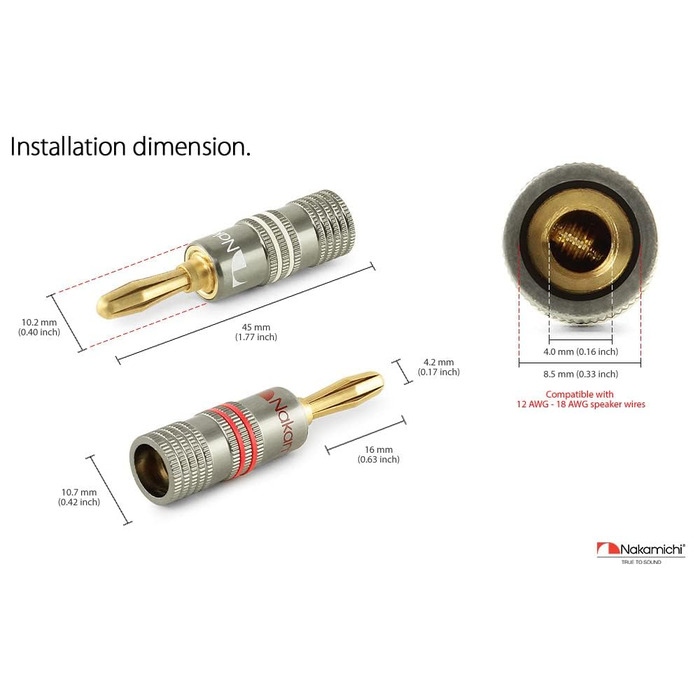 Штекери-банани Nakamichi 24K з позолоченим покриттям з берилієвої міді для акустичних кабелів, 36 шт. (18 пар)